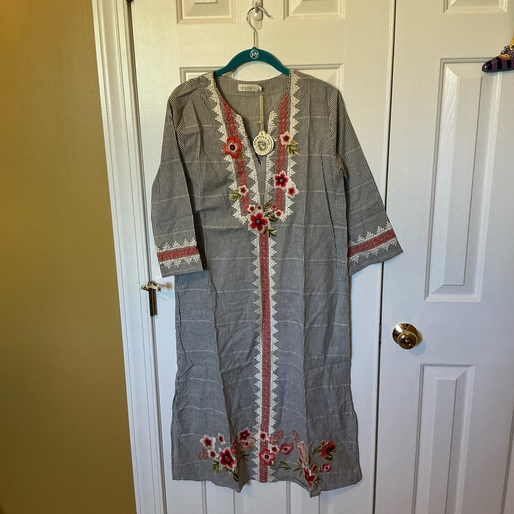 Spartina 449 Fleur De Vigne Embroidered 100 % Cotton Tunic Dress New w Tags